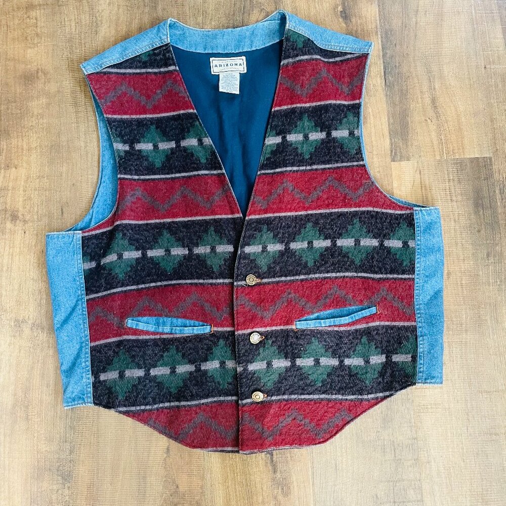 Vintage Arizona Jean Company Southwestern Denim Vest XL – Aztec Print Western St